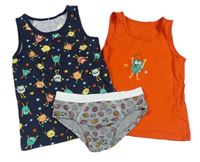 3set - Tmavomodrý nátělník příšerkami + červený nátělník s příšerkami + šedé slipy s míči 