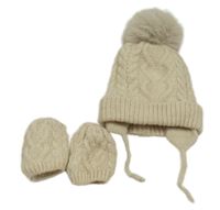 2set - Béžová pletená čepice s bambulí + rukavice Primark