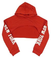 Červená crop mikina s nápisy a kapucí 