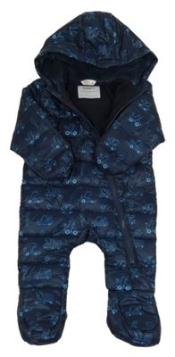 Tmavomodrá šusťáková zimní kombinéza s auty a kapucí M&Co.