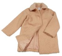 Růžový huňatý podšitý kabát s kožešinovým límcem Mayoral