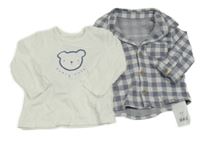 Nové - 2set - Bílé triko s medvědem + Světlešedo-šedomodrá kostkovaná košilová bunda George