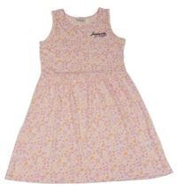 Světlerůžovo-oranžové květované šaty s nápisem 