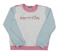 Bílo-světlemodro-růžová mikina s logem Benetton
