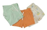 Nové - 3set - 3x kraťasy - oranžové + mintovo-bílé pruhované + smetanové s obrázky M&S