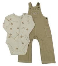 2set- Béžové riflové laclové kalhoty + bílé body s medvídky F&F