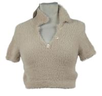 Nové - Dámské pudrové chlupaté pletené crop tričko s límečkem Primark 