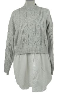 Dámský šedý vzorovaný svetr s bílou halenkovou vsadkou Primark