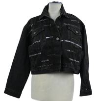 Dámská černá riflová crop bunda s nápisy z kamínků 