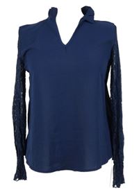 Dámská tmavomodrá halenka s krajkovými rukávy Shein 