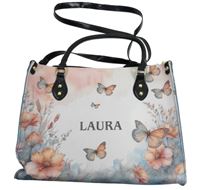 Dámský světlemodro-bílá shopper kabelka s nápisem a motýlky