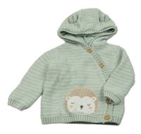 Zelený pruhovaný podšitý propínací svetr s ježkem a kapucí Mothercare
