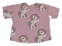 Růžové oversize tričko s barevnými koněmi Zara