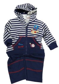 Nové  - 3set - Tmavomodro-bílá pruhovaná propínací mikina + tepláky + tričko 