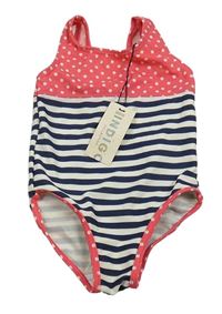 Nové - Tmavomodro-bílo-růžové jednodílné plavky s pruhy a puntíky M&S