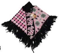 Nové - Černo-bílo-růžové vzorované pletené pončo s rolákem a třásněmi 