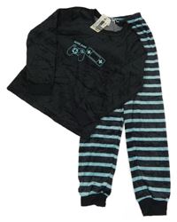 Nové - Tmavomodro-pruhované sametové pyžamo s ovladačem L&D