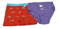 2x kalhotky -  fialové s Kitty + červené s rybkami 
