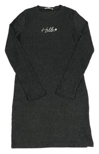 Tmavošedé žebrované pletené šaty s nápisem Primark