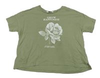 Khaki crop tričko s růží a nápisem H&M