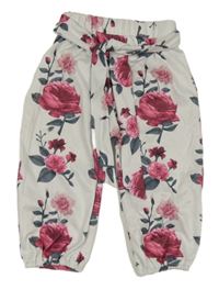 Bílé květované harémové kalhoty s mašlí 