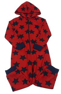 Červeno-tmavomodrá fleecová kombinéza s hvězdičkami a kapucí 