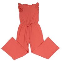 Jahodový vzorovaný kalhotový culottes overal s mašlí a volánky zn. HEMA