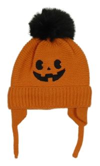 Oranžová pletená čepice s černou bambulí - dýně 