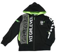 Černo-tmavošedo-křiklavě zelená propínací mikina s nápisy a kapucí