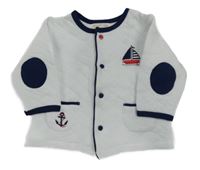 Bílo-tmavomodrá prošívaná propínací vyteplená mikina s lodičkou a kotvou MINTINI BABY