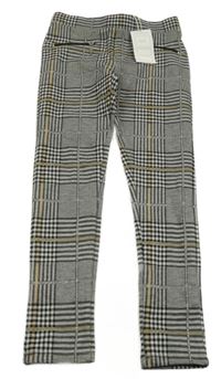Nové - černo-bílo-hnědo-stříbrné kostkované vzorované tregínové kalhoty ORCHESTRA