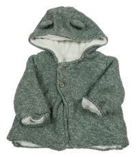 Khaki-bílý melírovaný propínací zateplený svetr s kapucí s oušky Tu