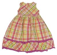 Barevné kostkovano/kárované plátěné šaty s mašličkami a volánky