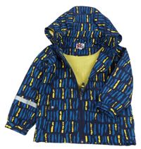 Tmavomodro-modro-žlutá vzorovaná šusťáková jarní bunda s odepínací kapucí