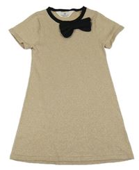 Béžovo-šedo-zlato-černé melírované svetrové šaty s mašlí H&M