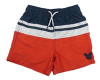 Červeno-bílo-tmavomodré plážové kraťasy s Mickey Disney