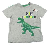 Šedé tričko s dinosaurem a nápisy 