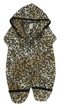 Béžovo-bílá fleecová kombinéza s leopardím vzorem a kapucí Adams