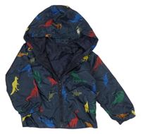 Tmavomodrá šusťáková jarní bunda s dinosaury a kapucí