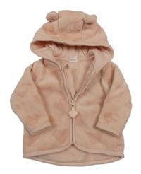 Růžová chlupatá propínací mikina se srdíčky a kapucí H&M