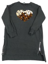 Antracitové teplákové šaty se srdcem z překlápěcích flitrů Next