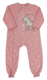 Růžový fleecový overal s jednorožcem a hvězdami
