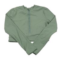 Khaki sportovní propínací crop triko s nápisem