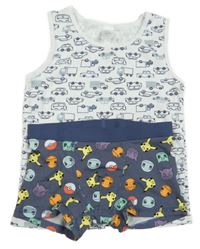 2set - Bílé tílko s auty + tmavomodré boxerky s Pokémony