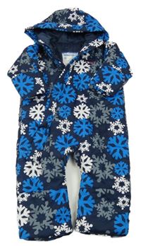 Tmavomodro-modro-bílá šusťáková zimní kombinéza s vločkami a kapucí 