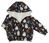 Černá šusťáková zateplená bunda s kostrami a duchy a kapucí shein