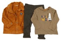 Nové - 3 set - hnědé plátěné kalhoty + rezavá manšestrová košile + hnědé triko s nápisem F&F