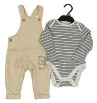 Nové - 2 set - smetanové laclové tepláky s Púem + tmavomodro-bílé pruhované body Disney