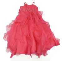 Fuchsiové tylové slavnostní vrstvené šaty s kamínky 