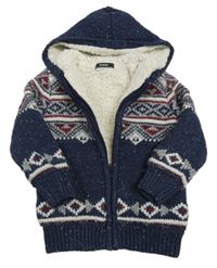 Tmavomodro-bílo-vínový vzorovaný propínací vlněný zateplený svetr s kapucí George